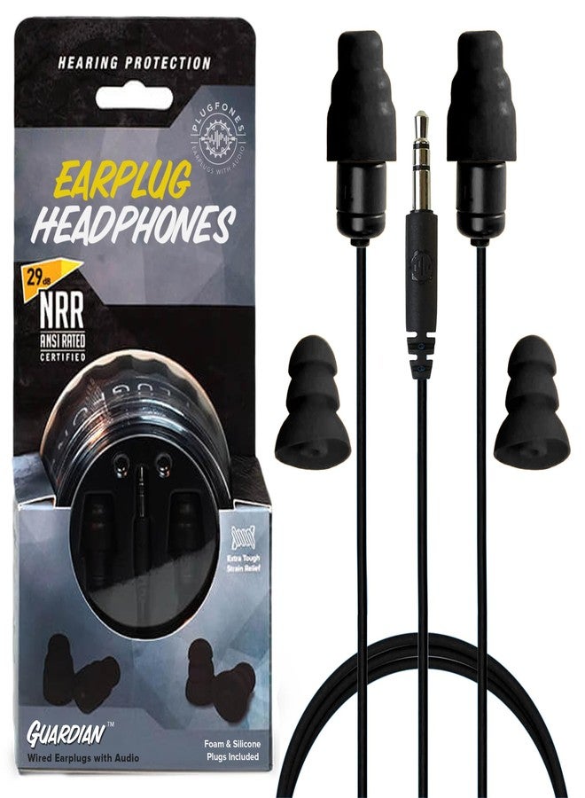 Plugfones سماعات أذن Plugfones Guardian - سماعات أذن داخلية عازلة للضوضاء متوافقة مع معايير OSHA، مزودة بحماية للسمع - تصميم هجين سلكي للعمل والسفر - تتضمن سدادات أذن من السيليكون والإسفنج - أسود - Image 1
